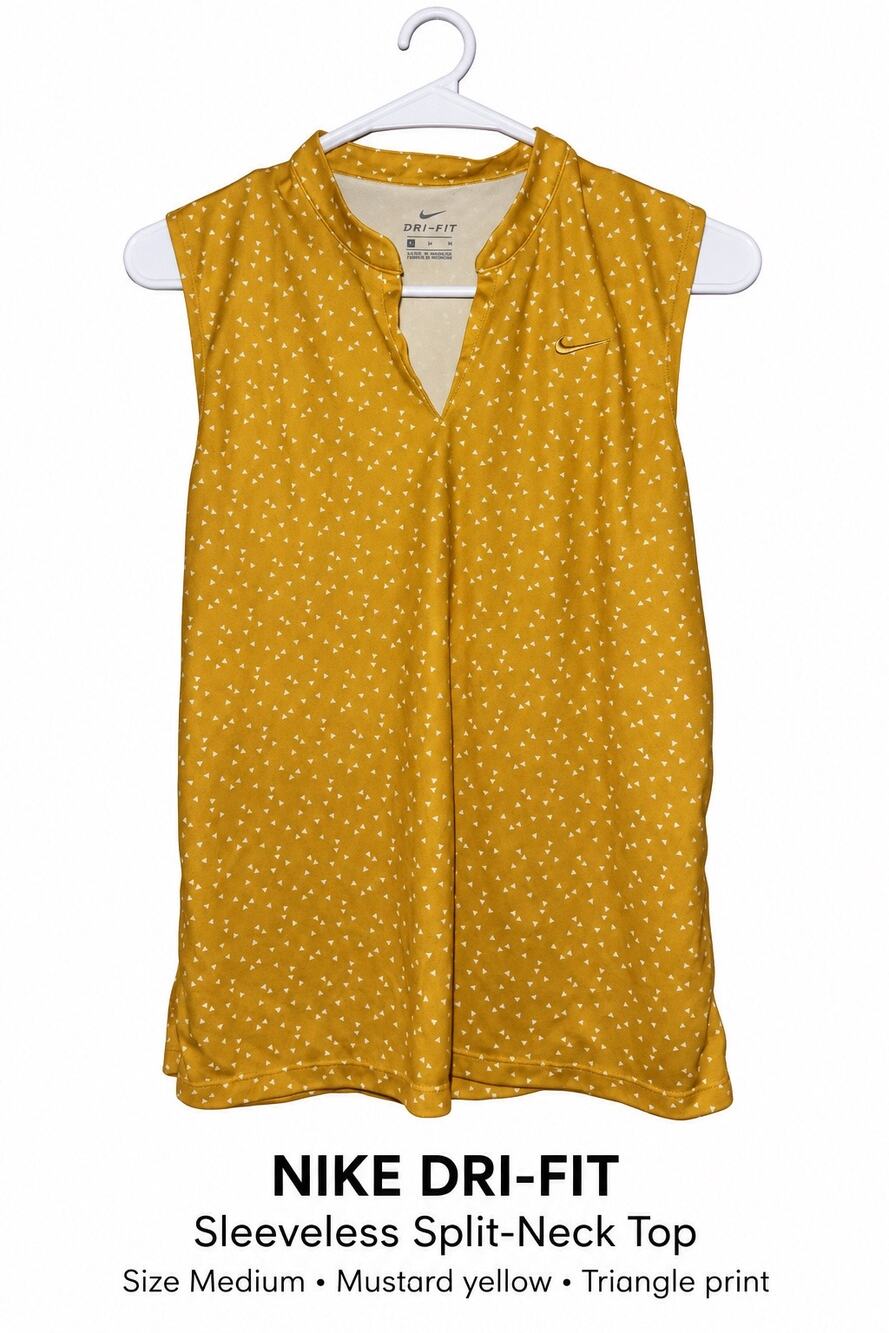 Nike Dri-FIT Medium Mustard Yellow Triangle Print Sleeveless Split-Neck Top